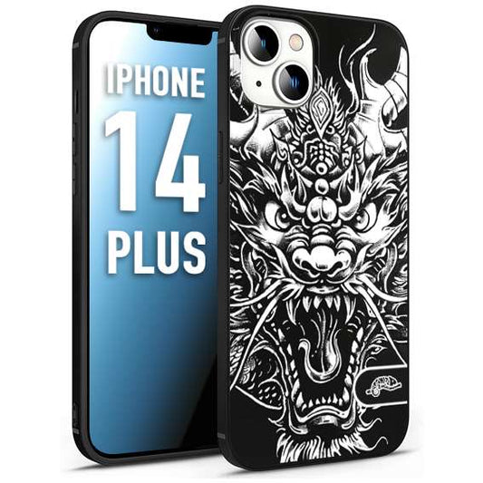 CUSTOMIZZA - Custodia cover nera morbida in tpu compatibile per iPhone 14 PLUS drago black and white bianco a rilievo disegnato tattoo tatuaggio