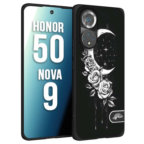 CUSTOMIZZA - Custodia cover nera morbida in tpu compatibile per Huawei Nova 9 - Honor 50 luna e fiori moon flowers black and white bianco a rilievo disegnato tattoo tatuaggio