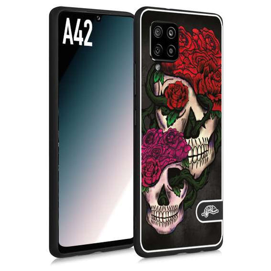 CUSTOMIZZA - Custodia cover nera morbida in tpu compatibile per Samsung A42 teschi e rose rosse fucsia skull and roses