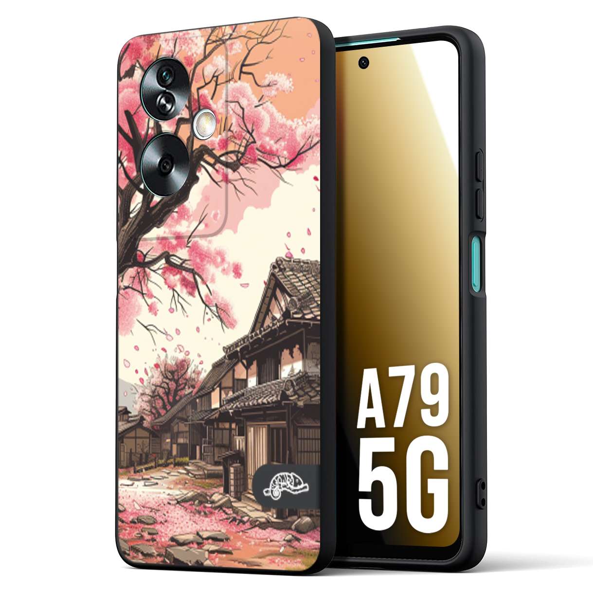 CUSTOMIZZA - Custodia cover nera morbida in tpu compatibile per Oppo A79 5G casa giapponese rosa ciliegio in fiore disegnata tattoo