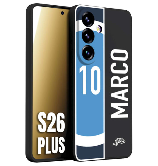 CUSTOMIZZA - Custodia cover nera morbida in tpu compatibile per Samsung S26 PLUS personalizzata calcio football nome e numero calciatori biancoazzurri bianco celesti