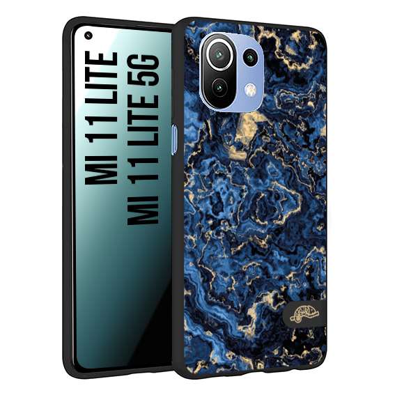 CUSTOMIZZA - Custodia cover nera morbida in tpu compatibile per Xiaomi Mi 11 Lite / Mi 11 Lite 5G effetto marmo marble blu venature dorato psichedelico