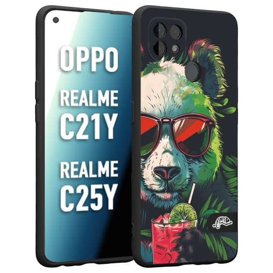 CUSTOMIZZA - Custodia cover nera morbida in tpu compatibile per Oppo Realme C21Y - C25Y estate disegnata cocktails animali simpatici panda mojito