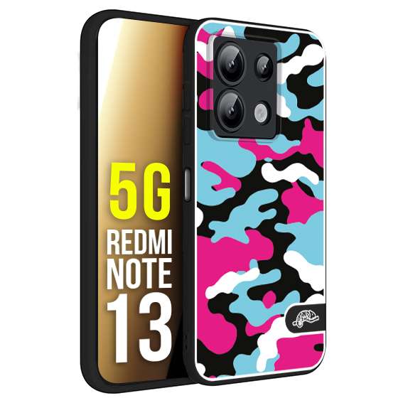 CUSTOMIZZA - Custodia cover nera morbida in tpu compatibile per Xiaomi Redmi Note 13 5G camouflage mimetico militare fucsia celeste