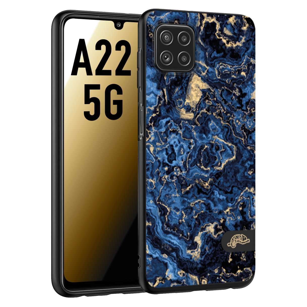 CUSTOMIZZA - Custodia cover nera morbida in tpu compatibile per Samsung A22 5G effetto marmo marble blu venature dorato psichedelico