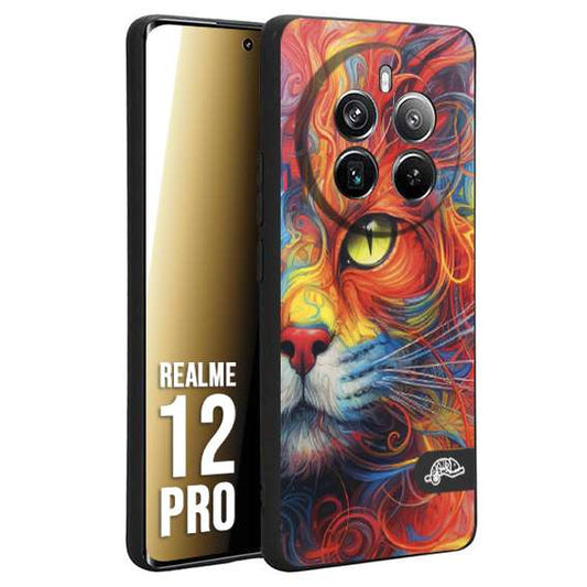 CUSTOMIZZA - Custodia cover nera morbida in tpu compatibile per Realme 12 PRO animali color cat gatto viso colori vibranti disegnato schizzo