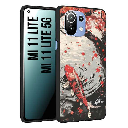 CUSTOMIZZA - Custodia cover nera morbida in tpu compatibile per Xiaomi Mi 11 Lite / Mi 11 Lite 5G giapponese lago carpa koi rossa con foglie d'acero rosso disegnata tattoo