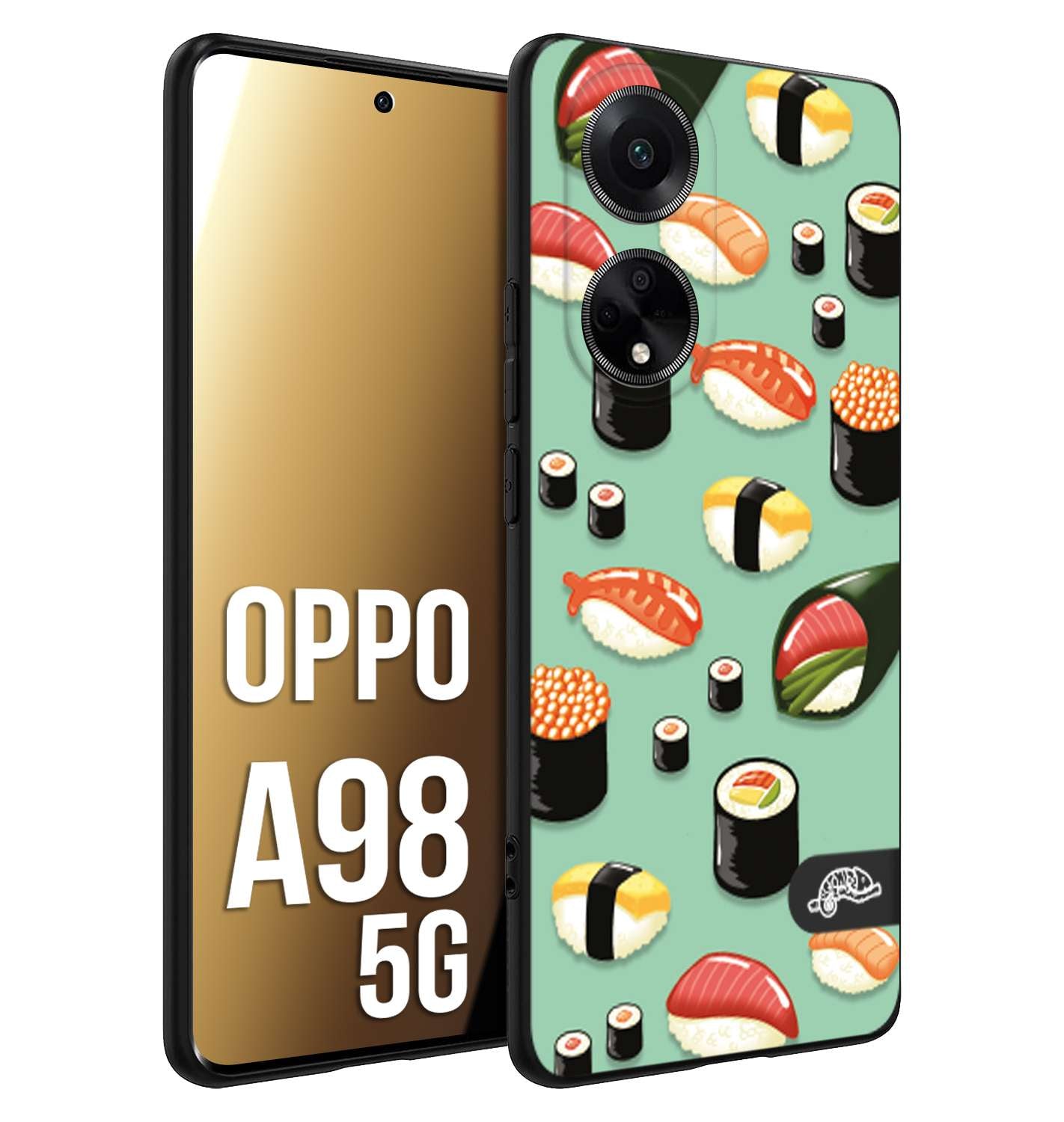 CUSTOMIZZA - Custodia cover nera morbida in tpu compatibile per Oppo A98 5G sushi disegni giapponese nighiri acquamarina verde