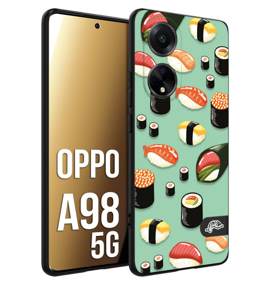 CUSTOMIZZA - Custodia cover nera morbida in tpu compatibile per Oppo A98 5G sushi disegni giapponese nighiri acquamarina verde