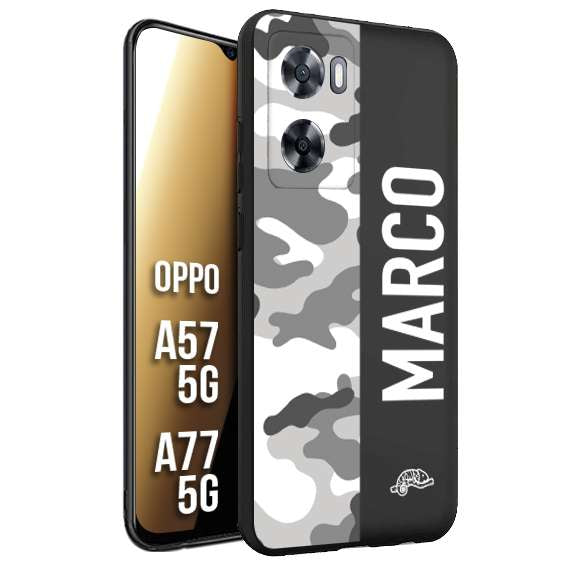 CUSTOMIZZA - Custodia cover nera morbida in tpu compatibile per Oppo A57 5G - A77 5G camouflage mimetico militare personalizzata nome bianco