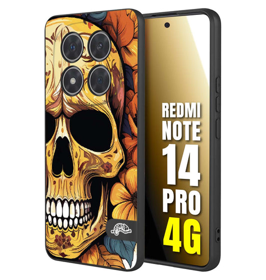 CUSTOMIZZA - Custodia cover nera morbida in tpu compatibile per Xiaomi Redmi Note 14 PRO 4G teschio messicano colorato dorato fiori autunnali disegnato