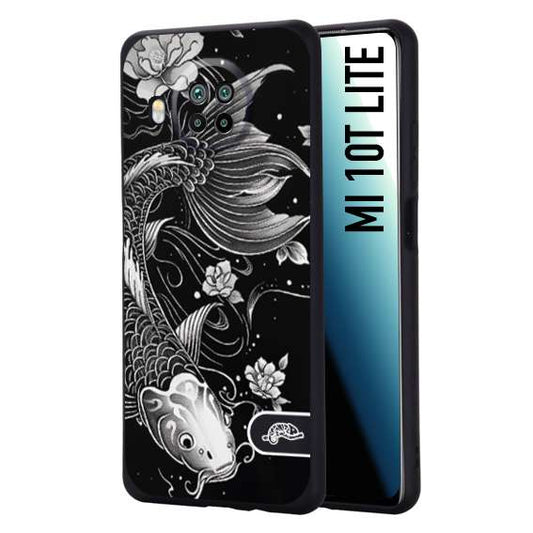 CUSTOMIZZA - Custodia cover nera morbida in tpu compatibile per Xiaomi Mi 10T LITE carpa koi black and white bianco a rilievo disegnato tattoo tatuaggio