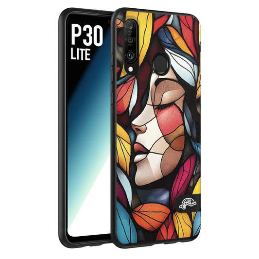 CUSTOMIZZA - Custodia cover nera morbida in tpu compatibile per Huawei P30 LITE Vetrata artistica volto di donna profilo fogliare mosaico di vetro colorato