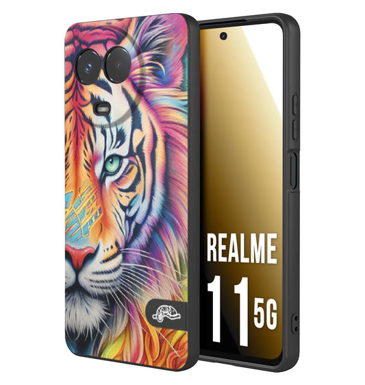 CUSTOMIZZA - Custodia cover nera morbida in tpu compatibile per Realme 11 5G animali color tigre tiger viso colori vibranti disegnato schizzo