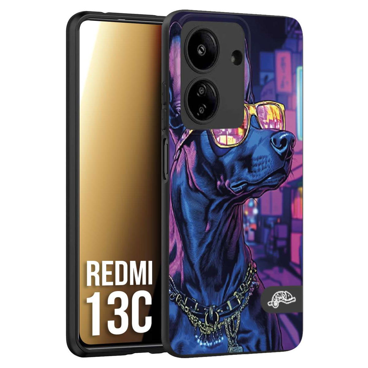 CUSTOMIZZA - Custodia cover nera morbida in tpu compatibile per Xiaomi Redmi 13C animali cyberpunk dobermann cane street dog fucsia blu night