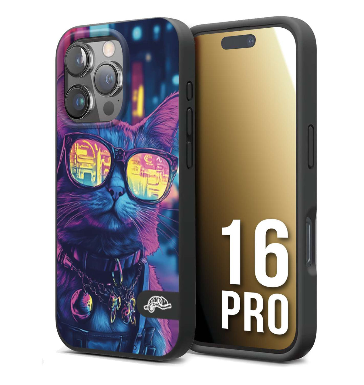 CUSTOMIZZA - Custodia cover nera morbida in tpu compatibile per iPhone 16 PRO animali cyberpunk gatto street cat fucsia blu giallo