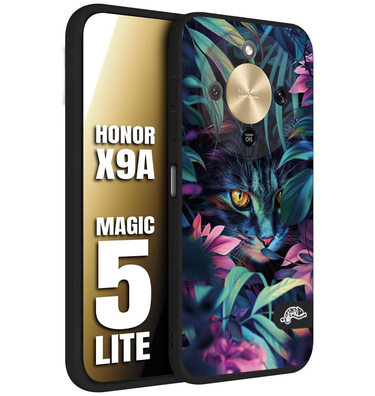 CUSTOMIZZA - Custodia cover nera morbida in tpu compatibile per Honor X9A - Honor Magic 5 Lite animali color giungla tropicale occhio di gatto colori vibranti disegnato