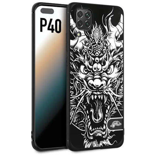 CUSTOMIZZA - Custodia cover nera morbida in tpu compatibile per Huawei P40 drago black and white bianco a rilievo disegnato tattoo tatuaggio