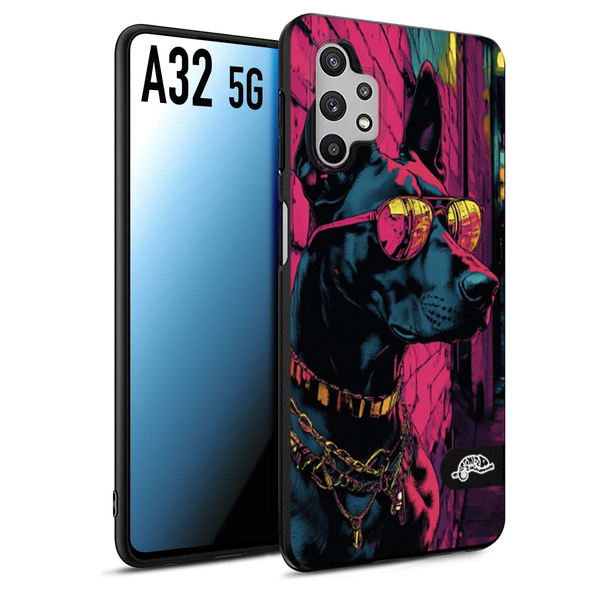 CUSTOMIZZA - Custodia cover nera morbida in tpu compatibile per Samsung A32 5G animali cyberpunk dobermann cane street dog fucsia blu