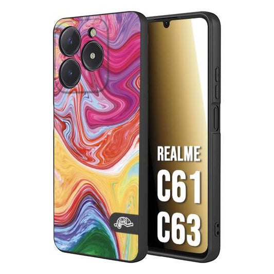 CUSTOMIZZA - Custodia cover nera morbida in tpu compatibile per Realme C61 - C63 colorata fantasia vortice marmo onde verde fucsia gialla