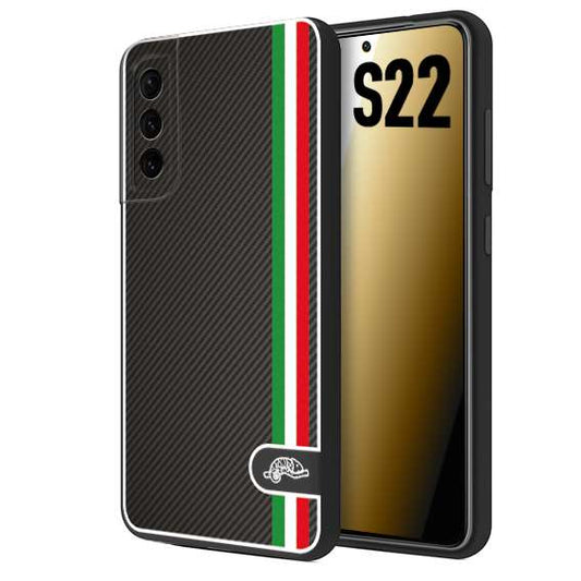 CUSTOMIZZA - Custodia cover nera morbida in tpu compatibile per Samsung S22 effetto fibra di carbonio bandiera Italia made in Italy