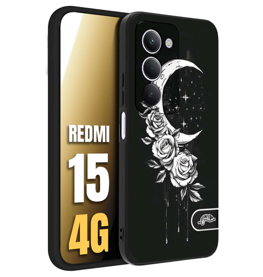 CUSTOMIZZA - Custodia cover nera morbida in tpu compatibile per Xiaomi Redmi 15 4G luna e fiori moon flowers black and white bianco a rilievo disegnato