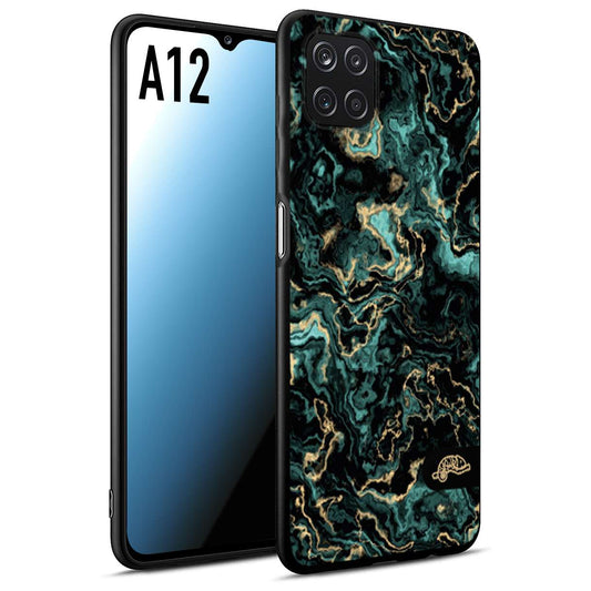 CUSTOMIZZA - Custodia cover nera morbida in tpu compatibile per Samsung A12 effetto marmo marble verde green venature dorato pietra