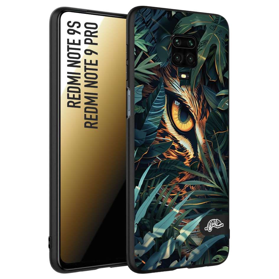 CUSTOMIZZA - Custodia cover nera morbida in tpu compatibile per Xiaomi Redmi Note 9S - Note 9 PRO animali color giungla tropicale occhio di giaguaro felino disegnato