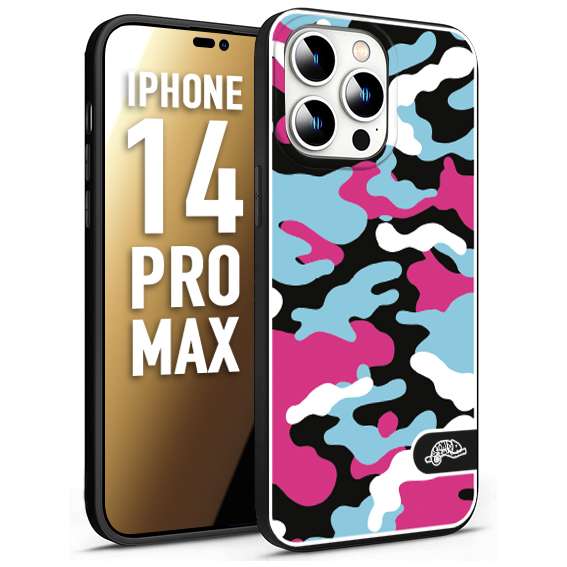 CUSTOMIZZA - Custodia cover nera morbida in tpu compatibile per iPhone 14 PRO MAX camouflage mimetico militare fucsia celeste
