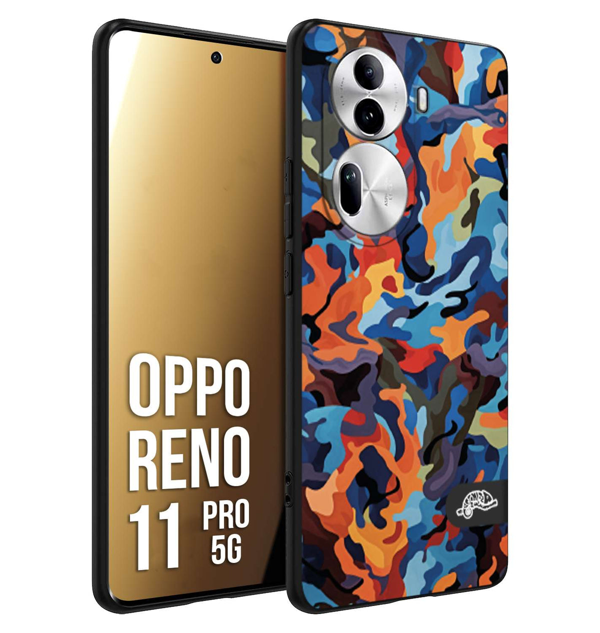CUSTOMIZZA - Custodia cover nera morbida in tpu compatibile per Oppo Reno 11 PRO 5G camouflage mimetico militare moderno blu arancio rosso