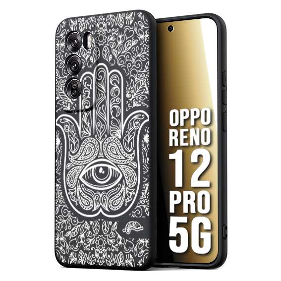 CUSTOMIZZA - Custodia cover nera morbida in tpu compatibile per Oppo Reno 12 PRO 5G mano di fatima effetto rilievo mandala donna