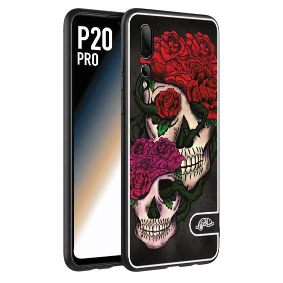 CUSTOMIZZA - Custodia cover nera morbida in tpu compatibile per Huawei P20 PRO teschi e rose rosse fucsia skull and roses