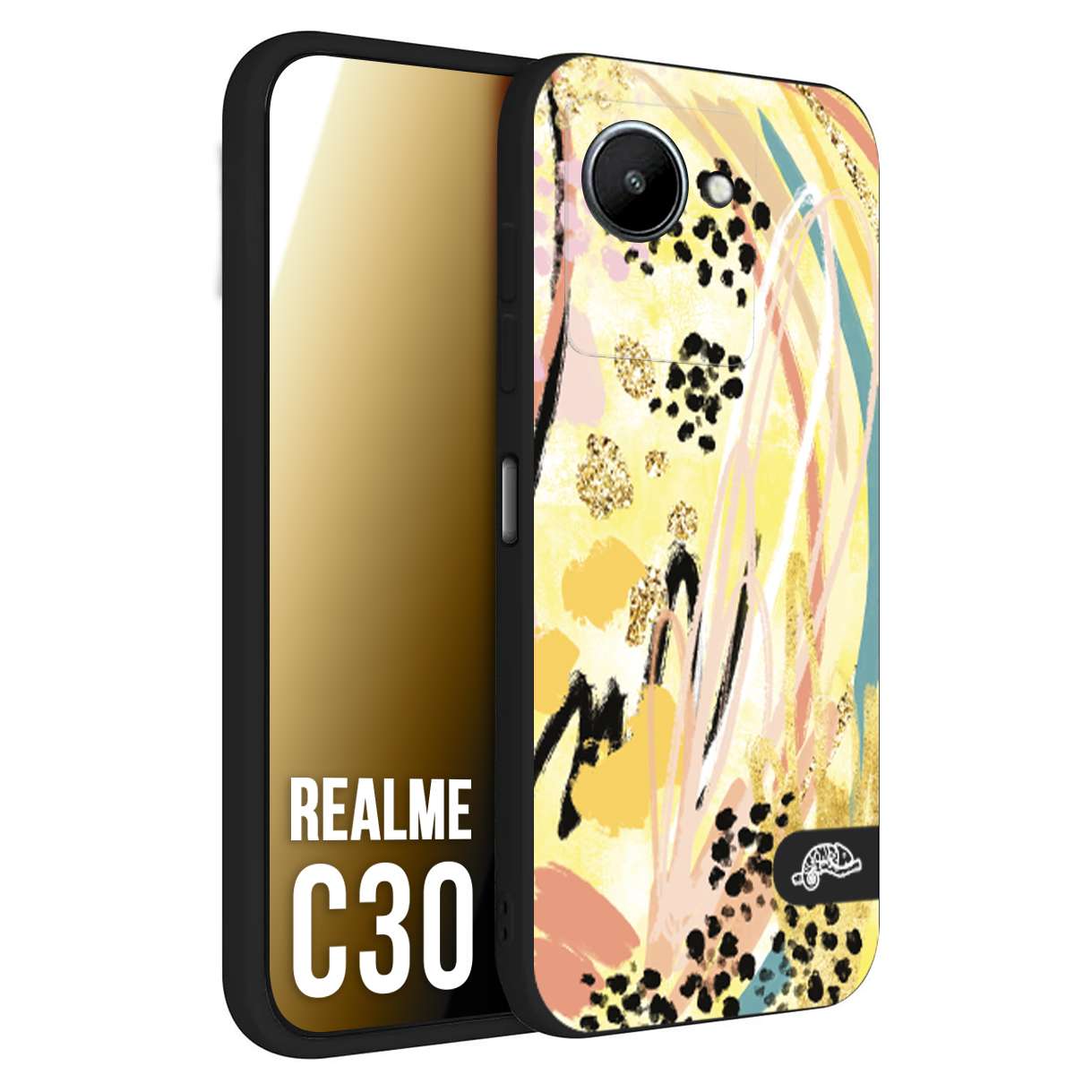 CUSTOMIZZA - Custodia cover nera morbida in tpu compatibile per Realme C30 astratti donna flower fantasia estate gialla rosa leopardata