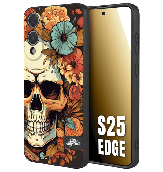CUSTOMIZZA - Custodia cover nera morbida in tpu compatibile per Samsung S25 EDGE teschio skull flowers fiori autunnali arancio celeste tattoo