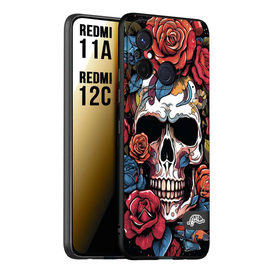 CUSTOMIZZA - Custodia cover nera morbida in tpu compatibile per Xiaomi Redmi 11A - 12C teschio skull flowers fiori rose rosse tattoo disegnato