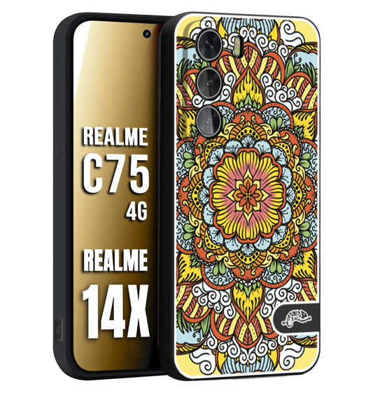 CUSTOMIZZA - Custodia cover nera morbida in tpu compatibile per Realme 14X - C75 4G mandala colorato fiore nuvole arancione