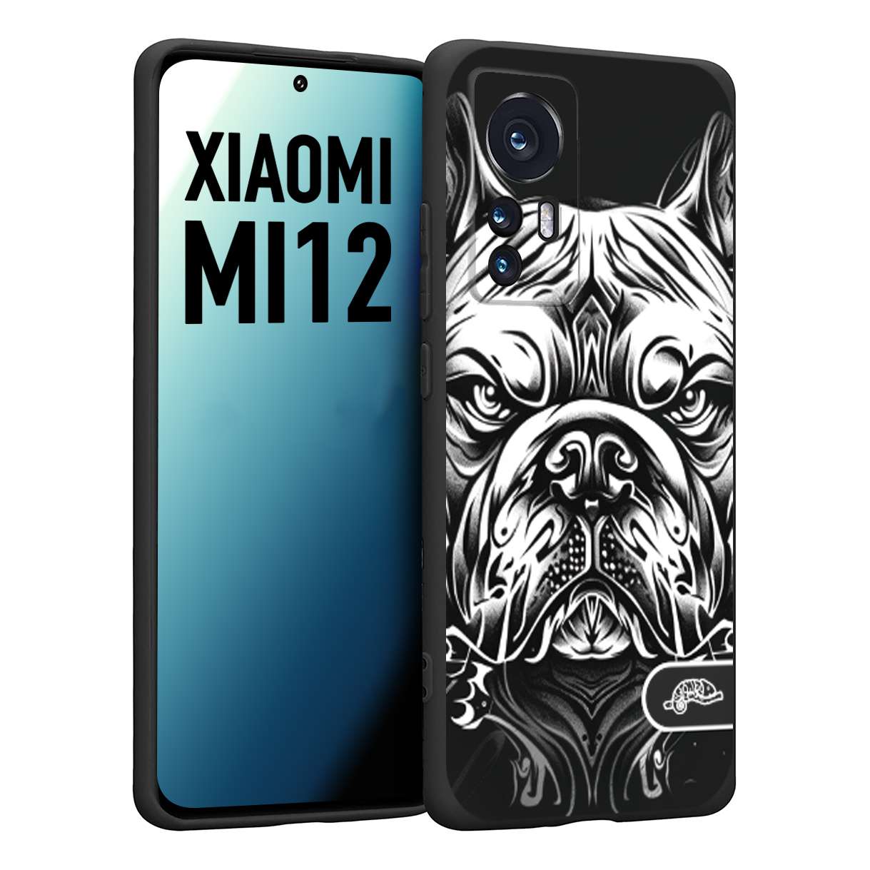 CUSTOMIZZA - Custodia cover nera morbida in tpu compatibile per Xiaomi 12 5G bulldog bianco a rilievo disegnato tattoo tatuaggio