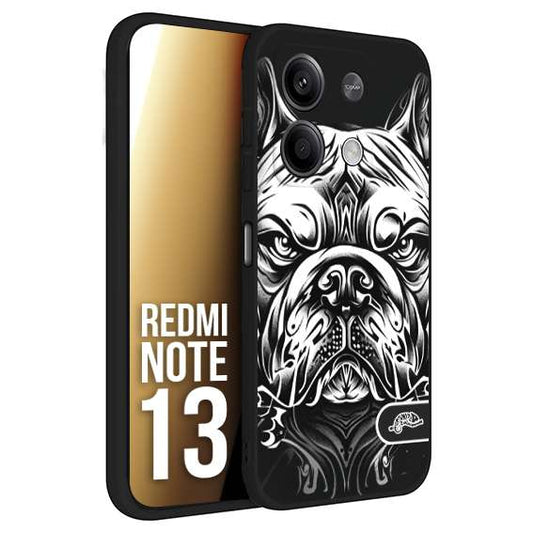 CUSTOMIZZA - Custodia cover nera morbida in tpu compatibile per Xiaomi Redmi Note 13 bulldog bianco a rilievo disegnato tattoo tatuaggio