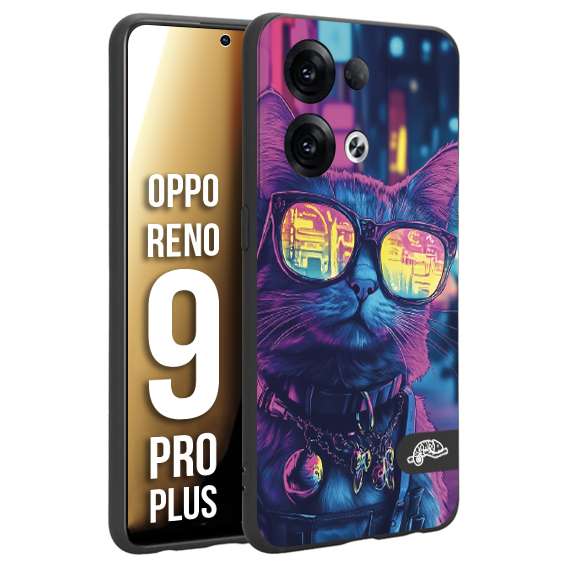 CUSTOMIZZA - Custodia cover nera morbida in tpu compatibile per Oppo Reno 9 PRO PLUS animali cyberpunk gatto street cat fucsia blu giallo