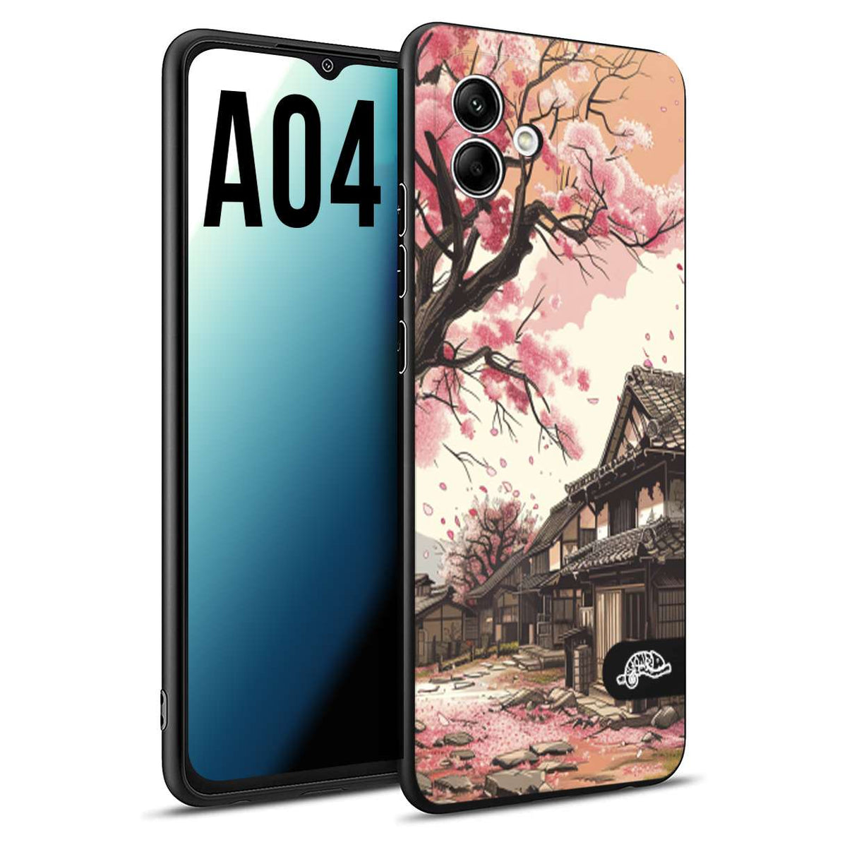 CUSTOMIZZA - Custodia cover nera morbida in tpu compatibile per Samsung A04 casa giapponese rosa ciliegio in fiore disegnata tattoo