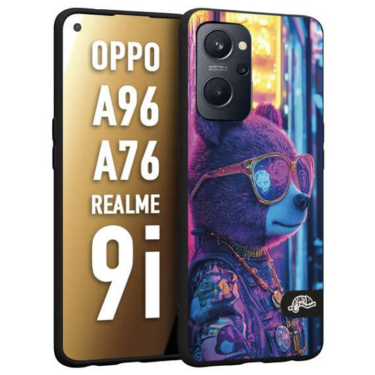 CUSTOMIZZA - Custodia cover nera morbida in tpu compatibile per Realme 9i - A96 - A76 animali cyberpunk orsetto orso street bear fucsia blu night