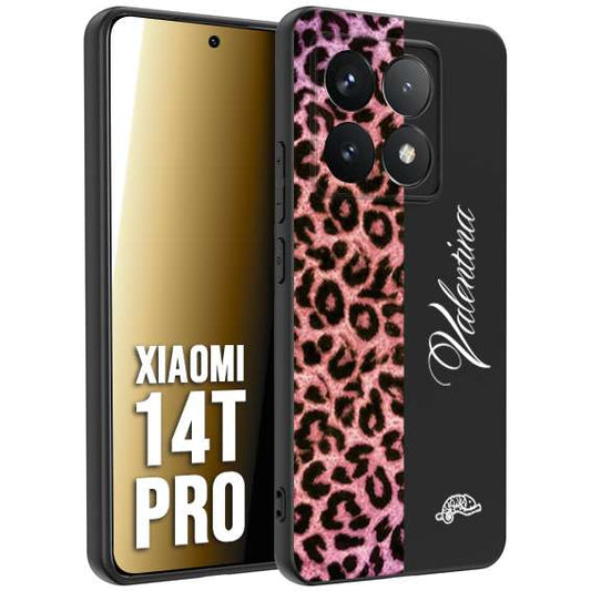 CUSTOMIZZA - Custodia cover nera morbida in tpu compatibile per Xiaomi 14T PRO leopardato rosa fucsia personalizzata nome iniziali