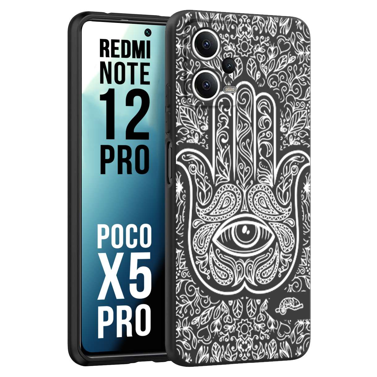 CUSTOMIZZA - Custodia cover nera morbida in tpu compatibile per Xiaomi Redmi Note 12 PRO - POCO X5 PRO mano di fatima effetto rilievo mandala donna