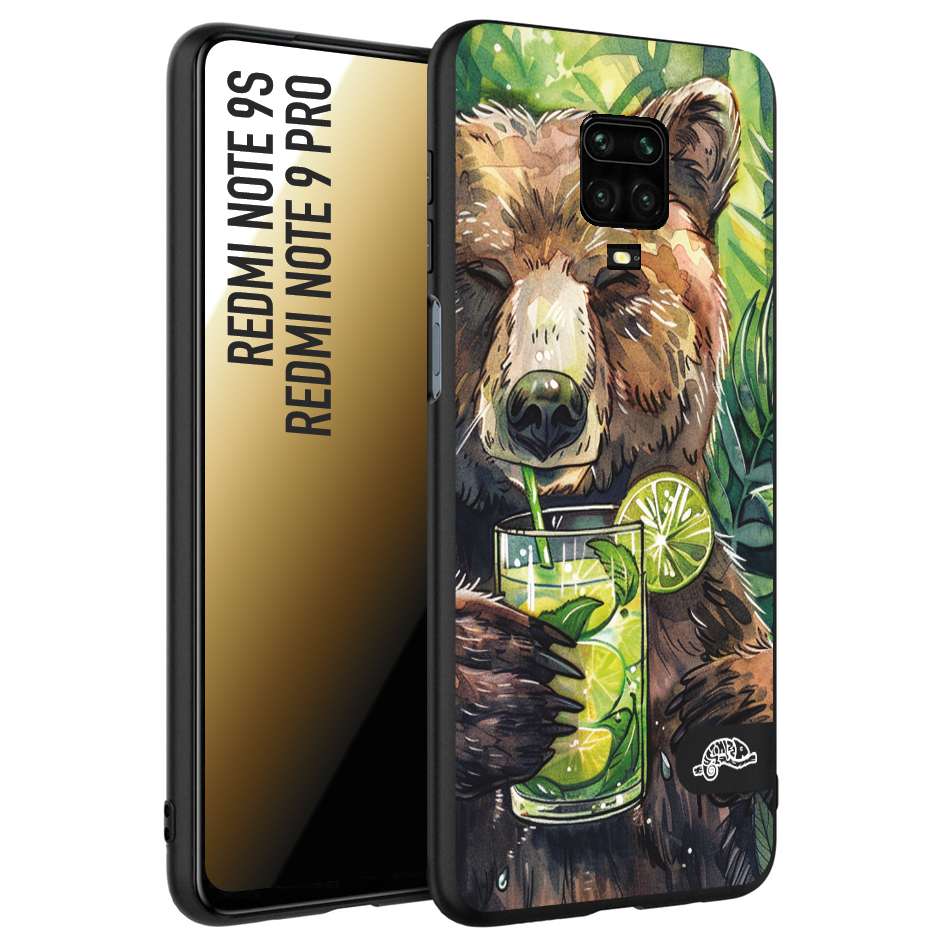 CUSTOMIZZA - Custodia cover nera morbida in tpu compatibile per Xiaomi Redmi Note 9S - Note 9 PRO estate disegnata cocktails animali simpatici orso bear negroni