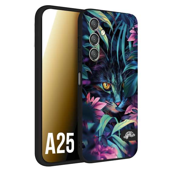 CUSTOMIZZA - Custodia cover nera morbida in tpu compatibile per Samsung A25 animali color giungla tropicale occhio di gatto colori vibranti disegnato