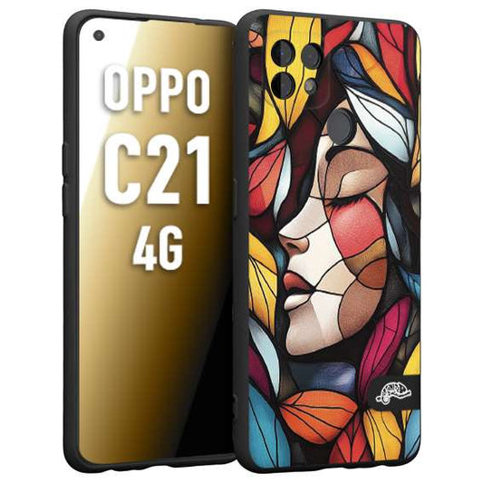 CUSTOMIZZA - Custodia cover nera morbida in tpu compatibile per Realme C21 4G Vetrata artistica volto di donna profilo fogliare mosaico di vetro colorato
