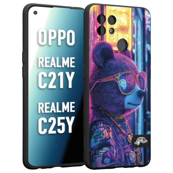 CUSTOMIZZA - Custodia cover nera morbida in tpu compatibile per Realme C21Y - C25Y animali cyberpunk orsetto orso street bear fucsia blu night