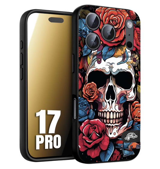 CUSTOMIZZA - Custodia cover nera morbida in tpu compatibile per iPhone 17 PRO teschio skull flowers fiori rose rosse tattoo disegnato