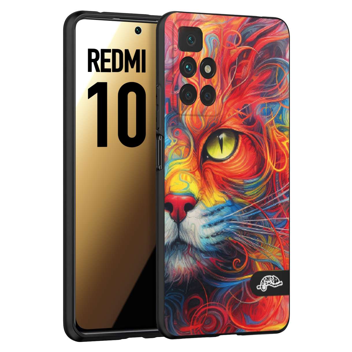 CUSTOMIZZA - Custodia cover nera morbida in tpu compatibile per Xiaomi Redmi 10 animali color cat gatto viso colori vibranti disegnato schizzo