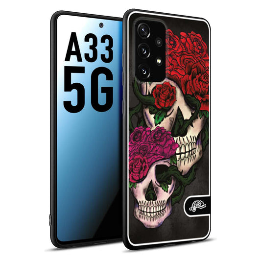 CUSTOMIZZA - Custodia cover nera morbida in tpu compatibile per Samsung A33 5G teschi e rose rosse fucsia skull and roses